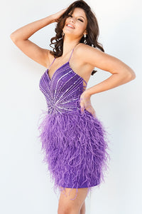 Glamorous Purple Feather Homecoming Dress with Embellishments by Jovani - Stand out in style with this stunning cocktail dress featuring captivating feathers and dazzling embellishments. Perfect for homecoming or any special occasion, this Jovani dress is the epitome of chic and fashionable. Get ready to turn heads with this eye-catching feather dress!
