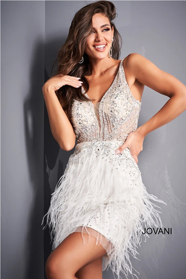 Jovani Dress Style 04042 - Soft Feather Cocktail Dress with Sweetheart Neckline and Spaghetti Straps. Perfect for Cocktail Parties, Weddings, and Special Occasions. Sold by Madeline's.  Color Off-White