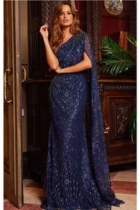 Navy Jovani Dress Style 23354 - One-Shoulder Embellished Evening Dress with Cape, made of mesh and glitter fabric, adorned with beads and stones. Perfect for evening events, black tie occasions, or mother of the bride/groom. Sold by Madeline's Boutique