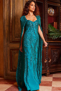 Jovani Dress Style 23891 - Embellished fitted evening gown with sweetheart neckline, train, and cape. Perfect for evening events or as a mother of the bride/groom dress. Sold by Madeline's Boutique.
