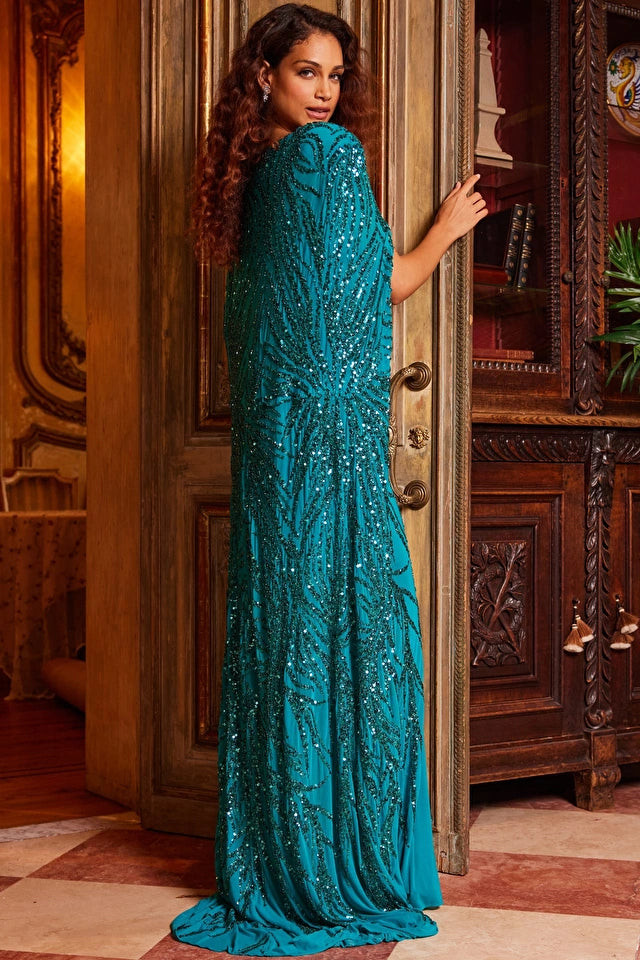 Jovani 23891 Peacock Embellished Long Cape Evening Gown