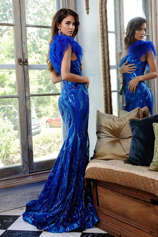 Jovani Dress Style 63405 - One Shoulder Feather Sequin Embellished Prom Dress - Color Royal