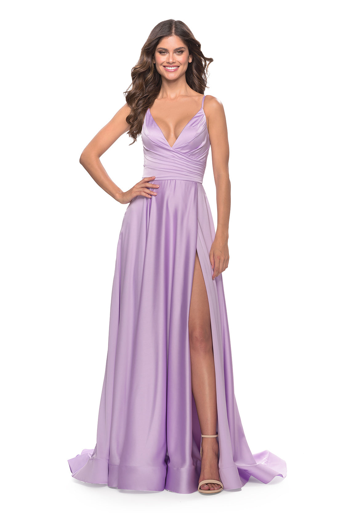 La Femme 31505 A-Line Satin Gown - A captivating A-line satin gown with a ruched bodice, V-neckline, and daring high slit, perfect for making a statement at prom.