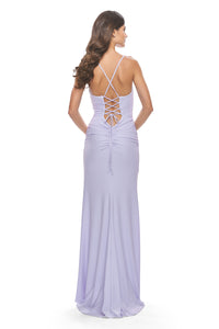La Femme 31572 Radiant Ruched Jersey Prom Dress - A captivating prom dress featuring luxuriously ruched soft jersey, a draped neckline, an alluring slit, and a lace-up back with delicate straps for a perfect blend of comfort and glamour.