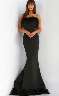 Jovani - 63891 - Black Strapless Feather Neckline Evening Dress
