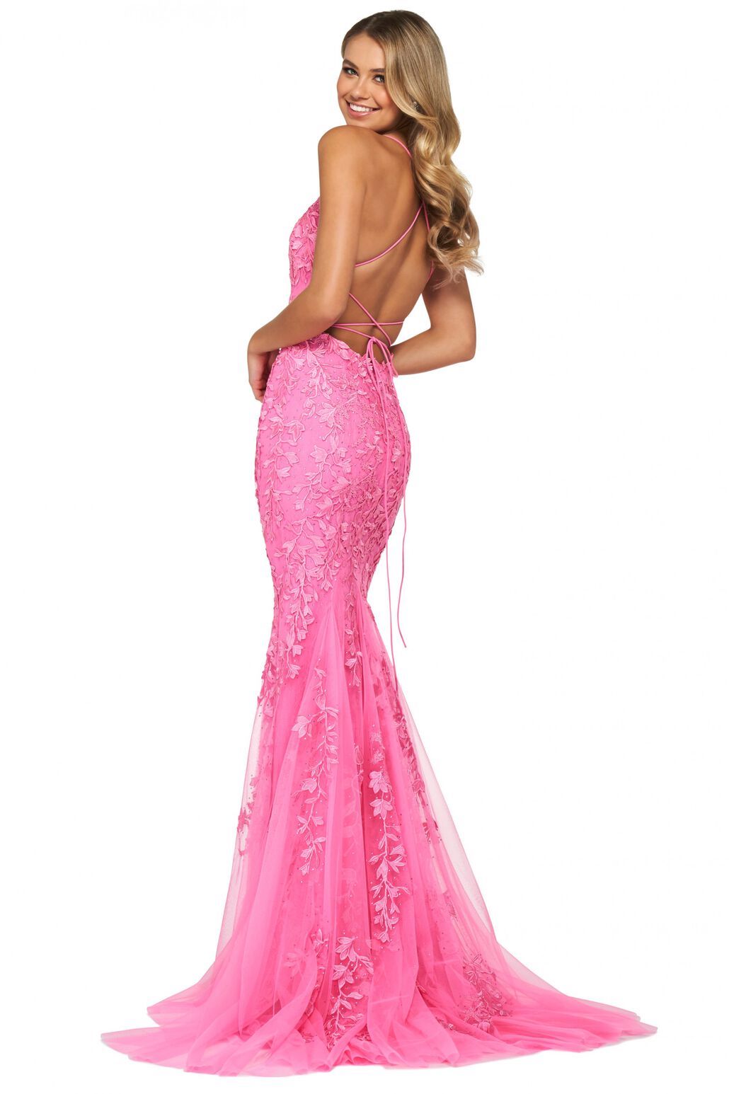 Leaf lace appliqued prom dress with fitted gown, flared hem, straight neckline, and lace-up back, sold by Madelines Boutique, Sherri Hill style #52338, Bright Pink