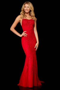 Leaf lace appliqued prom dress with fitted gown, flared hem, straight neckline, and lace-up back, sold by Madelines Boutique, Sherri Hill style #52338, Color Red