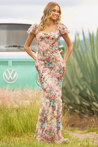 Sherri Hill style #55617 - Fitted floral print gown with floral beaded embellishments, corset boning, and balloon cap sleeves - Sold by Madeline's Boutique