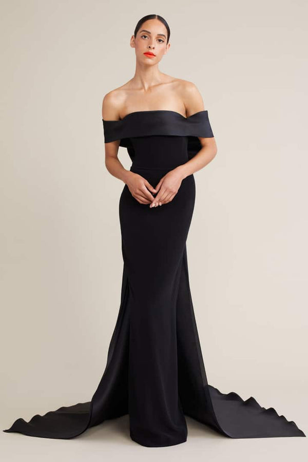 Shop the Audrey & Brooks 6205 satin crepe dress from Madeline's Boutique. Off-shoulder and strapless, with a beautiful bowknot detail on the back. Perfect for any special occasion.