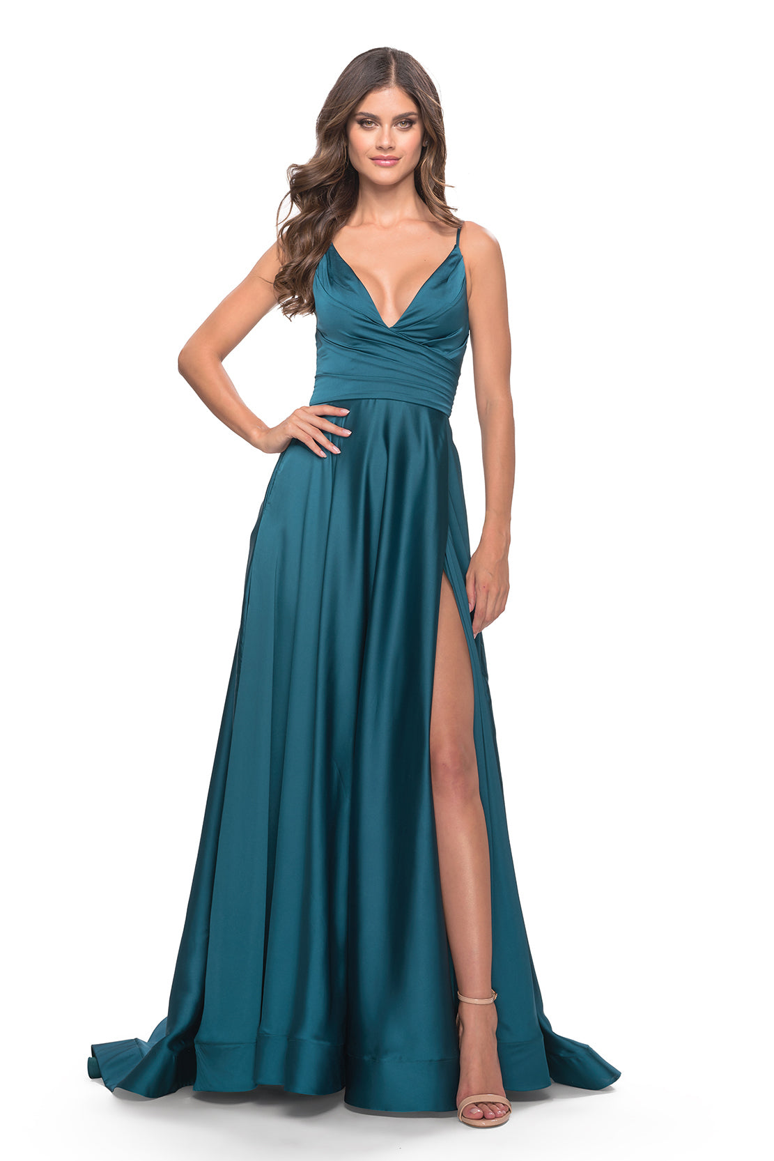 La Femme 31505 A-Line Satin Gown - A captivating A-line satin gown with a ruched bodice, V-neckline, and daring high slit, perfect for making a statement at prom.